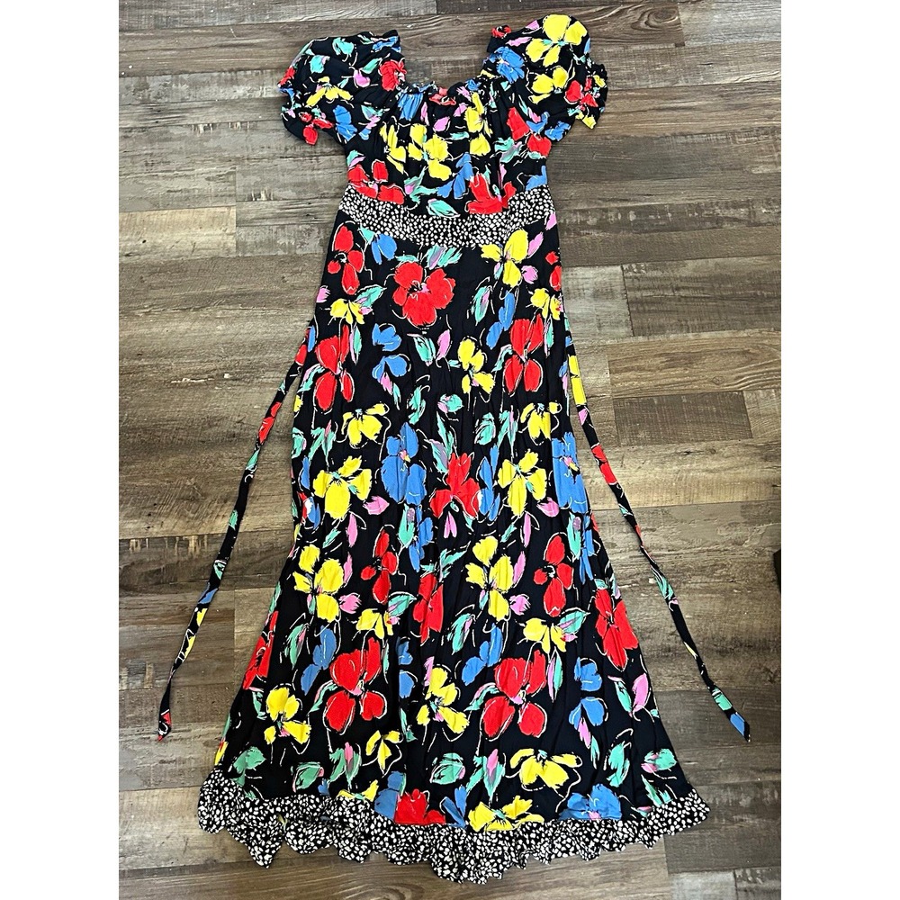 RIXO Black Multicolor Floral Puff Sleeve Square Neck Midi Dress Women's 8 - Picture 1 of 3
